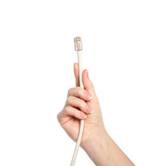 isolated woman hand holding a computer cable