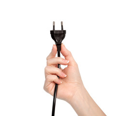isolated woman hand holding a cable with European plug