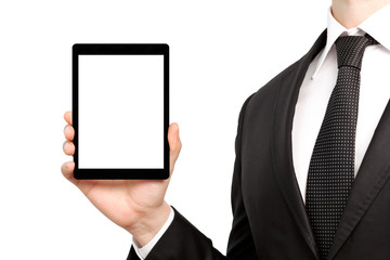 businessman in a suit holding a tablet with isolated screen