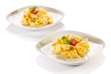 Pasta with tomatoes and white cheese