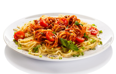 Pasta with meat, tomato sauce, parmesan and vegetables