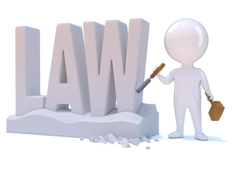 Little man carves the word "LAW" in stone