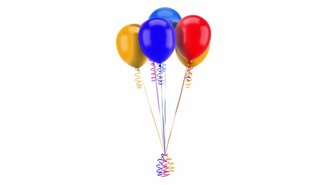 multicolored party balloons with ribbons loop rotate on white