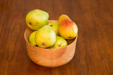 Wood Bowl of Fresh Bartlett Pears