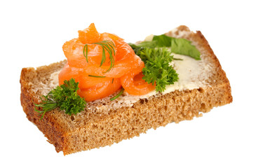 Salmon sandwich on plate, close up