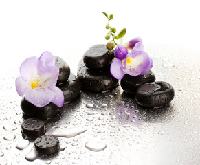 Obraz na płótnie Canvas Spa stones and purple flower, on wet background