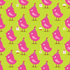 Seamless Pattern Pink Birthday Birds Symbols Green