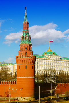 Moscow Kremlin Tower, Big Kremlin palace with a flag.