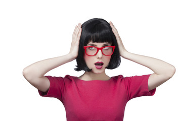 girl in red glasses at white background.