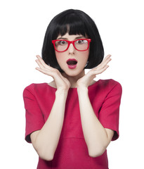 girl in red glasses at white background.