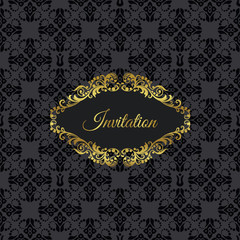 Golden vintage frame invitation on black seamless pattern
