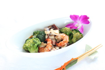 chinese cuisine, seafood and broccoli stir fried