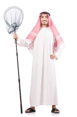 Arab businessman with catching net on white