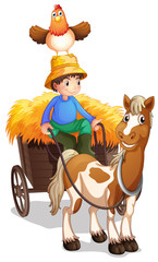 A farmer riding a cart with a chicken above his head