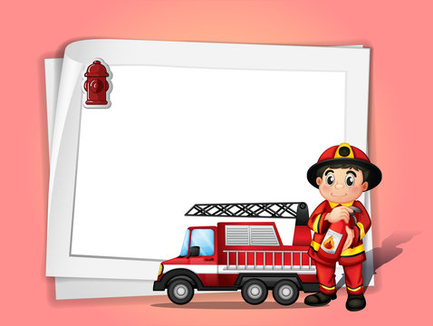 recommend clip art: A fireman holding a fire extinguisher beside his fire truck in f