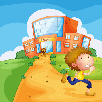 A boy running and a lion near the school
