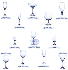collection of empty glasses with designation isolated
