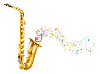 A golden saxophone with musical notes - obrazy, fototapety, plakaty