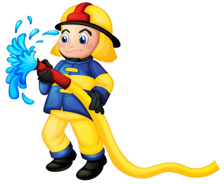 A fireman holding a yellow water hose