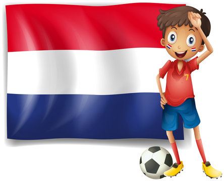 The flag of Netherlands with a soccer player
