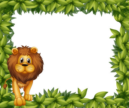 A lion in front of an empty leafy frame