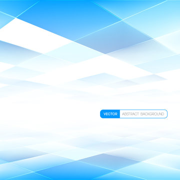 This abstract geometric background features blue and white folded paper shapes that create a sense of depth and perspective, perfect for technology presentations.