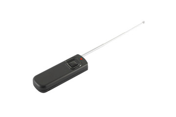 Radio remote control with antenna on white background.
