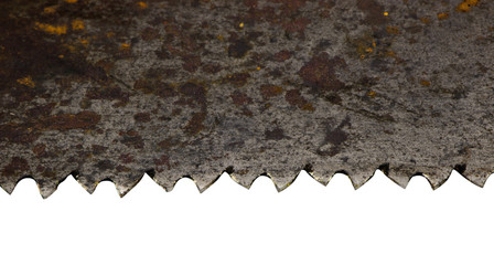 rusty retro metal hand saw blade closeup on white