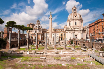 Fori Imperiali Panoramic of columns Colonna trajana chiesa del s