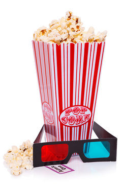 Popcorn, 3D Glasses and Ticket isolated