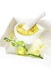 Orchid and sea salt in a mortar for spa treatments