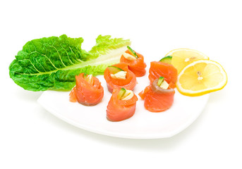 Salmon rolls with cheese and cucumber