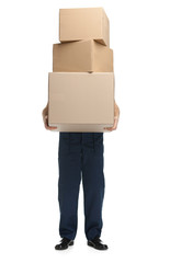 Workman delivers the parcel of three boxes, isolated