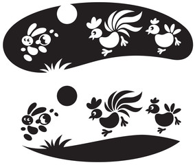 Easter bunny gets away from rooster and hen