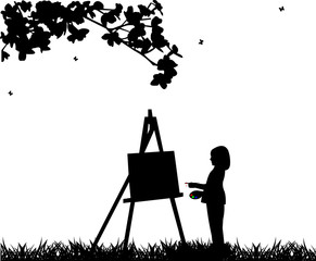Artist painter girl in park painting silhouette