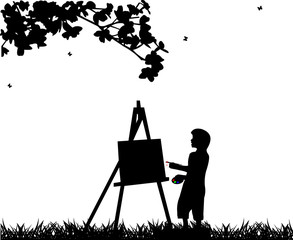 Artist painter boy in park painting silhouette