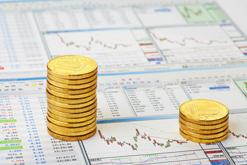 Financial chart and golden coins. Stop-loss. Selective focus