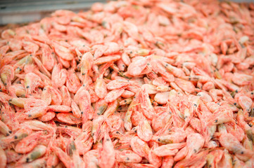 Bunch of shrimps in fridge in supermarket
