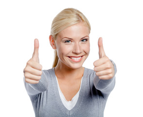 Portrait of thumbing up with two hands woman, isolated on white