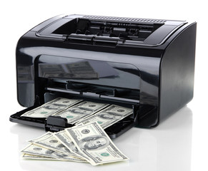 Printer printing fake dollar bills isolated on white