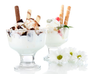 Ice cream with wafer sticks isolated on white