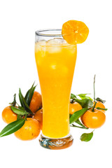 Orange juice glass and orange fruit on white background