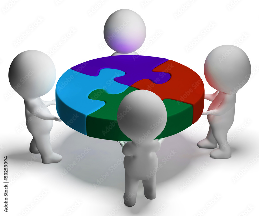 Poster puzzle solved and 3d characters shows union and cooperation