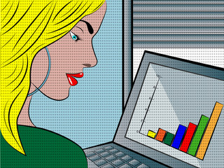 young woman working in office - popart illustration