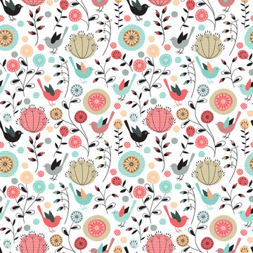 Fototapeta Seamless pattern.Birds and flowers