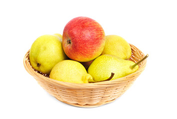 pears and apples in a basket on a white background
