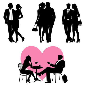 Lots of people, romance couple, silhouette - vector set