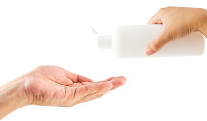 Woman and man hand holding bottle with shampoo