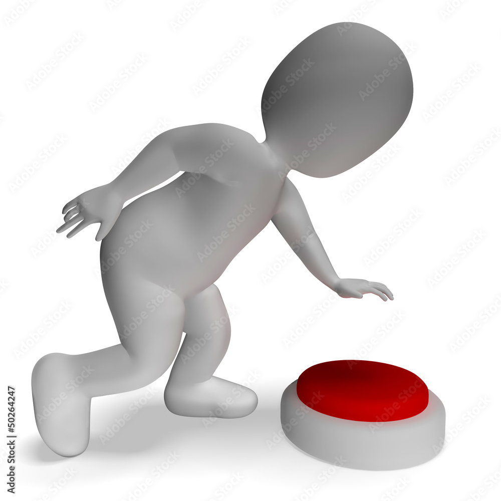 Poster button pushed by 3d man showing start or control