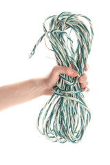 Cable in man hand, isolated on white